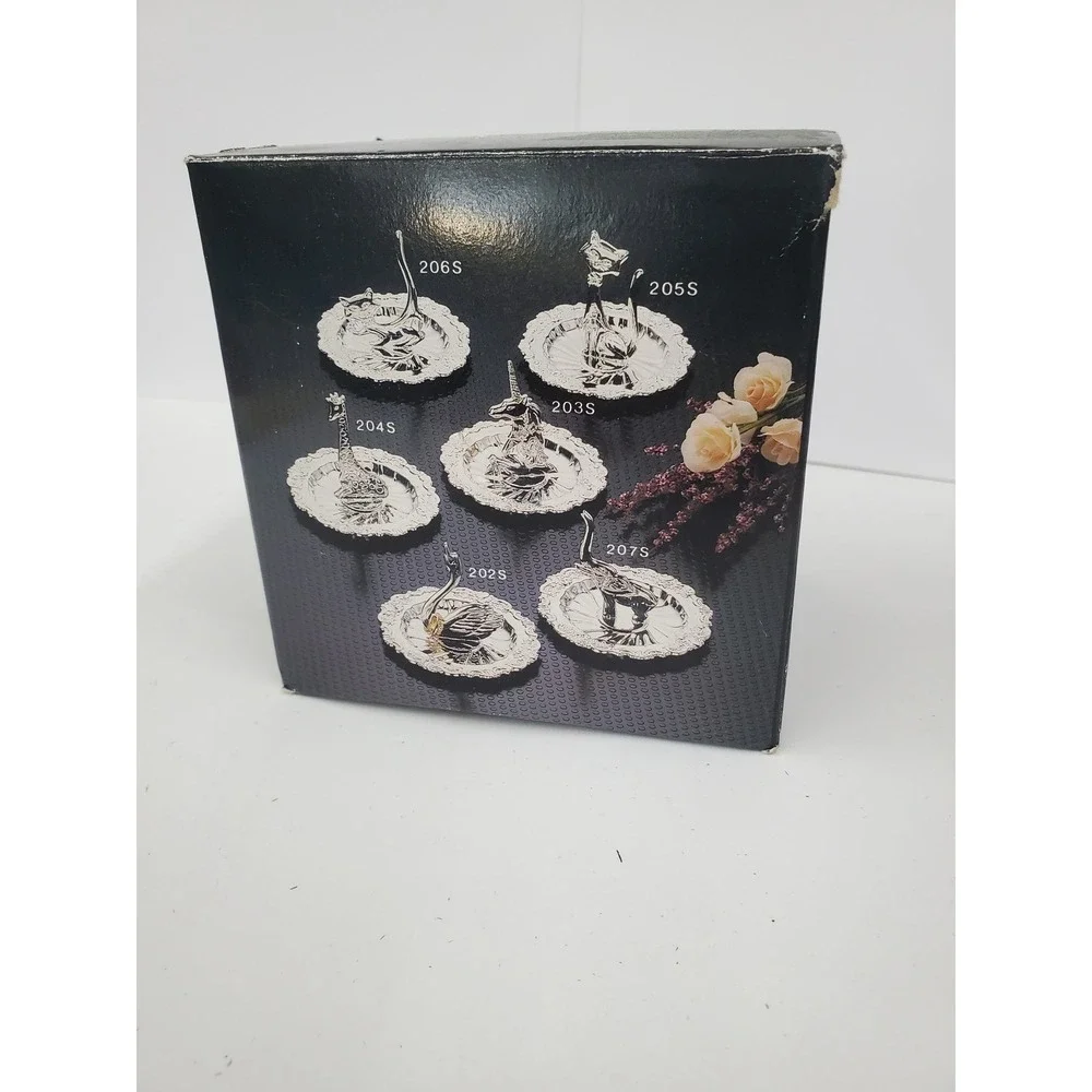 Vintage Silver Tone Swan Ring Holder Iridescent Jewelry Dish Trinket Tray Boxed